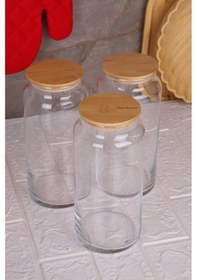 Resim Zone - 3'lü Cam Saklama Kabı 1300ml Vakumlu Bambu Kapaklı Ahşap - Şeffaf 