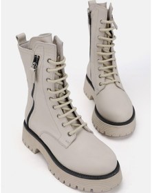 Resim Kadın Bej Hakiki Deri 36-41 Numara Bağcıklı Bot & Bootie Bej 