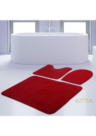 Resim Bonny Home Unicolor Düz Kırmızı 3lü Banyo Paspası Halısı Seti Kay Kırmızı 