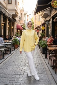 Resim adamila Kadın Kumaş Çizgili Tesettür Tunik Uzun Kollu Düğmeli Rahat Kalııp Günlük Ofis Yazlık Tesettür Tunik 