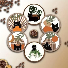 Resim Dekoratif Kedi Desenli Ahşap Bardak Altlığı Seti, 10x10 cm, 6 Parça, Isıya Dayanıklı, Kaymaz 