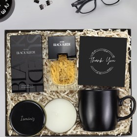 Resim Erkeklere Özel Siyah Metal Kutulu Mum & Avon Black Suede Erkek Parfüm & Siyah Kupa Hediye Seti 