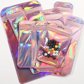 Resim 50 Şeffaf Pembe Lazer Kendinden Kapamalı Çanta OPPO Çanta Kalın Zipli Alüminyum Çanta Paketleme Takı Perakende Çantası Paketleme Gösterim Çantası 