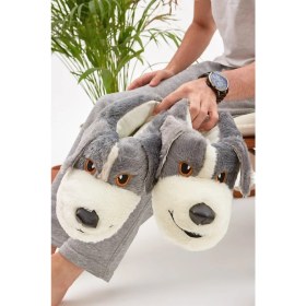 Resim Moda Devrin Mdes Gri Hayvanlı Peluş Ev Ayakkabısı Kadın İçin Sevimli Köpek Figürlü Sessiz Taban Panduf 