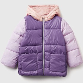 Resim Benetton Bebek Mor-Pembe Kapüşonlu Kışlık Mont - Logo Detaylı - 5-6 Yaş 