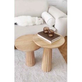 Resim Simillo Home & Living 2’li Doğal Masif Ahşap Yan Sehpa – Naturel Renk Zigon Fiskos Takımı 