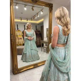 Resim Aashiv's Collection Gelinlik Hint Lehenga Choli Takımı Turkuaz Işlemeli 