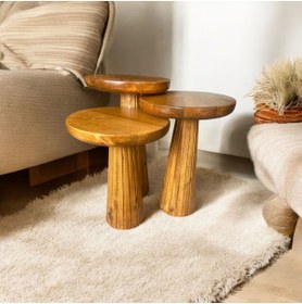 Resim Simillo Home&Living Wood Wooden Ahşap 3’lü Set Fitilli Mantar Yan Sehpa Modern Tik Ağacı Renk Fiskos 