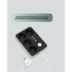 Resim Zero Land Muratech 3 USB Çıkışlı 4’lü Akıllı Priz 2500W 2 Metre Kablo 