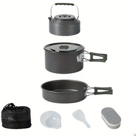 Resim 1 Alüminyum Alaşımlı Katlanabilir Pişirme Ekipmanı Seti, Açık Hava Kamp ve Piknikler İçin Uygun, Orta Boy 2-3 Kişiye Uyan - Su Isıtıcısı Dahil, Dayanıklı Siyah Kenarlık, Taşınabilir Tasarım, Piknik Pişirme Ekipmanları, Katlanabilir Tencere Takımı, Üst Üste Yığılabilir Tencere Takımı, Mükemmel Taşınabilir 