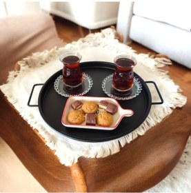 Resim Tepsi Seti Metal Siyah Kulplu Metal Çay Tepsisi Kahve Tepsisi . 
