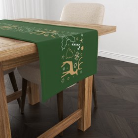 Resim Geyikli ve Yapraklı / Yeşil Yılbaşı Temalı Runner Örtü 