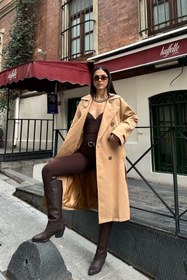 Resim Kıyafetto Kadın Camel Kuşaklı Düğmeli Bondit Kumaş Su Gecirmez Trençkot HSZ028 