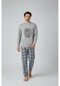 Resim Lukitus Uzun Kol Sıfır Yaka Pamuklu Erkek Pijama Takımı Vlknekose Gri 