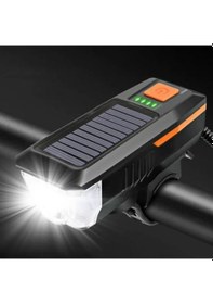 Resim Güneş Enerjili Usb Şarjlı Bisiklet Lambası Solar Fener Ön Far Işık Aydınlatma Kornalı Turuncu 
