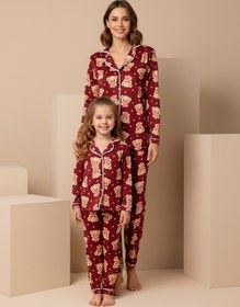 Resim rindahomewear Anne-Kız Ayıcık Desenli Düğmeli Örme Uzun Kollu Pijama Takımı 