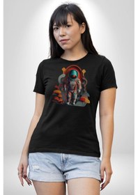 Resim Astronot Yapay Zeka Yürüyüş Unisex Unisex Siyah Organik Baskılı T-shirt Penye Yüksek Kalite Siyah 