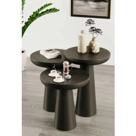 Resim Wood Ahşap Siyah Renk Konik Model 3 Lü Set Mantar Yan Sehpa Fiskos Çiçeklik Decorative 