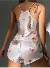 Resim Kadın Ekru Gül Desenli Askılı Dantel Üst Pijama Takımı 2222 Ekru 