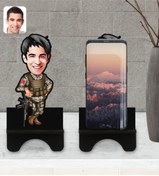 Resim Bk Gift Kişiye Özel Asker Karikatürlü Ahşap Biblo Telefon Standı-2 