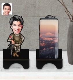 Resim Bk Gift Kişiye Özel Asker Karikatürlü Ahşap Biblo Telefon Standı-2 
