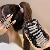 Resim 10'lu Paket Şık Siyah Pırıltılı Lastikli Saç Bantları ile Rhinestone Kuyruk Tutucuları, Kaymaz Pırıltılı Saç Aksesuarları Kadınlar için, Plastik Elf-Temalı, Yalnızca El Yıkama 