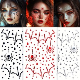 Resim Parıldayan Örümcek Yüz Mücevherleri - Halloween, Noel, Partiler & Performanslar için Kolay Uygulanabilir Elmas Payet Makyaj Stickerları 