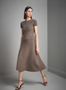 Resim Beli Lastikli Kloş Midi Kahverengi Triko Etek 