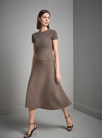 Resim Beli Lastikli Kloş Midi Kahverengi Triko Etek 