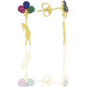 Resim Gümüş Altın Yaldızlı Renkli Taşlı Balonlu Kız Küpe 