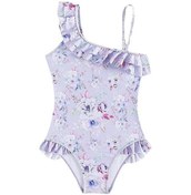 Resim 5-14years Genç Kızlar Tek Parça Mayo Çiçek Baskı Ruffles Fly Kollu Mayo Yaz Kızlar Mor Plaj Kıyafeti Mor 