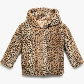 Resim Kız Bebek Kapüşonlu Uzun Kollu Leopar Desenli Peluş Ceket 