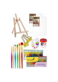 Resim Mini Şövale 25x35 2 Li Tuval Fanart 12 Renk Akrilik Boya Başlangıç Seti Fırça Palet Ponpon Su Kabı Masaüstü Sanatsal 