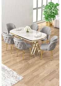 Resim Canisa Zae Serisi 90x168 Lak Panel Beyaz Mermer Desen Gold Ayak Masa Takımı 6 Gri Sandalye Masa Beyaz Mermer Desen Sandalye Gri 