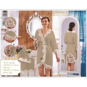 Resim Elena Kapuçino Bayan Fransız Dantelli Balayı Çeyizlik Bornoz Seti Krem 