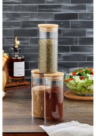 Resim Cooker 3'lü 400 Ml Bambu Kapaklı Borosilikat Cam Kavanoz Ckr3895 Şeffaf - Gri 