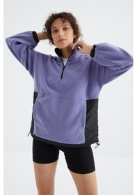 Resim Tommy Life Açık Eflatun Yarım Fermuar Etek Ucu Büzgülü Dik Yaka Oversize Kadın Polar Sweatshirt - 97236 Eflatun 