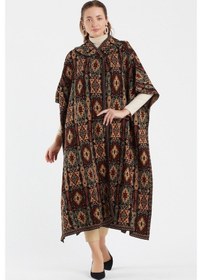 Resim Uludağ Triko Kadın Kilim Desen Kapşonlu Panço Gümüş-Std Gümüş 