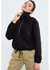 Resim Tommy Life Siyah Yarım Fermuar Etek Ucu Büzgülü Kadın Polar Oversize Sweatshirt - 97171 Siyah 