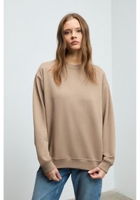 Resim Grimelange KARIUS Kadın Organik Pamuklu İçi Polarlı Oversize Yuvarlak Yakalı Açık Kahverengi Sweatshirt 