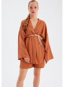 Resim Sateen Kuşak Detaylı Salaş Kimono- Taba 