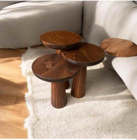 Resim Ahşap Mantar Sehpa 3 Lü Set Kestane Renk Masif Doğal Fiskos Sehpa Ve Zigon Takımı - Çiçeklik Kestane 