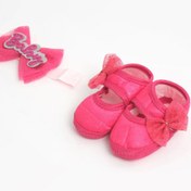 Resim LOGO AKSESUAR 0-3 Ay Yeni Doğan Simli Dantel Fuşya Bebek Bandana Patik Seti 