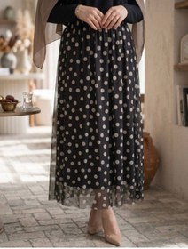 Resim nurvina modest wear Astarlı Puantiye Desen 38/42 Beden Uyumlu Beli Lastikli Tül Etek 