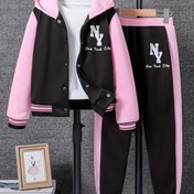 Resim Kızlar İçin Moda Harf Baskılı Uzun Kollu Kapüşonlu Ceket Üst + Günlük Pantolon İkili Takım, Dış Mekan İçin Mükemmel 