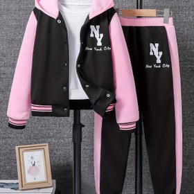 Resim Kızlar İçin Moda Harf Baskılı Uzun Kollu Kapüşonlu Ceket Üst + Günlük Pantolon İkili Takım, Dış Mekan İçin Mükemmel 