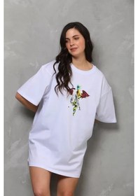 Resim Retro Tipografi Baskılı Unisex Beyaz Bisiklet Yaka Oversize Tişör 