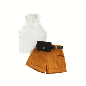 Resim 3 adet Kız Yazlık Kıyafetleri - Kolsuz Halter Üstler, Şortlar ve Bel Çantası Seti, Geometrik Desen, Tüm Mevsim Konforu, Normal Beden, Vintage Tarz, Günlük Giyim İçin Mükemmel, Günlük Giyim|Vintage Tarz Kıyafet|Esnek Kumaş, Açık Hava İçin, Gençler İçin, Normal Beden Yaz, Serin Hava. Uygun Mevsim, Bel Tasarımı, Şortlar, İki Parça Pantolon Seti), Gençler İçin 