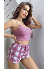 Resim Kadın Pembe Kareli Desenli Askılı Şortlu Pijama Takım 5003 Pembe 