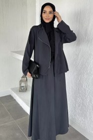 Resim Gülseli Bel Lastikli Etek Ceket Tesettür İkili Takım Füme TZL-P-00020938 